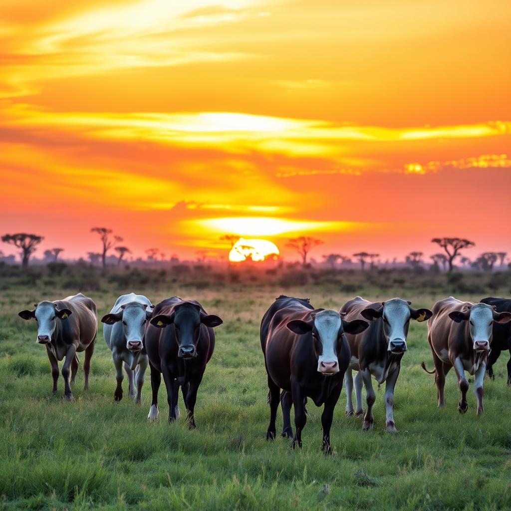 A tranquil scene featuring a group of female cows grazing in an African kraal at sunset