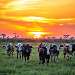 A tranquil scene featuring a group of female cows grazing in an African kraal at sunset