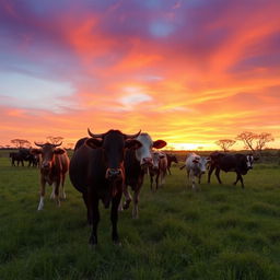 A tranquil scene featuring a group of female cows grazing in an African kraal at sunset