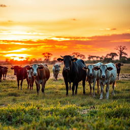 A tranquil scene featuring a group of female cows grazing in an African kraal at sunset