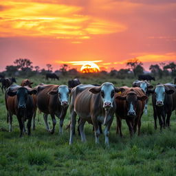 A tranquil scene featuring a group of female cows grazing in an African kraal at sunset