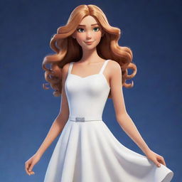 Chloe Bourgeois from the animated series 'Miraculous: Tales of Ladybug and Cat Noir', dressed in an elegant, simple white dress, with her long, wavy hair flowing freely.