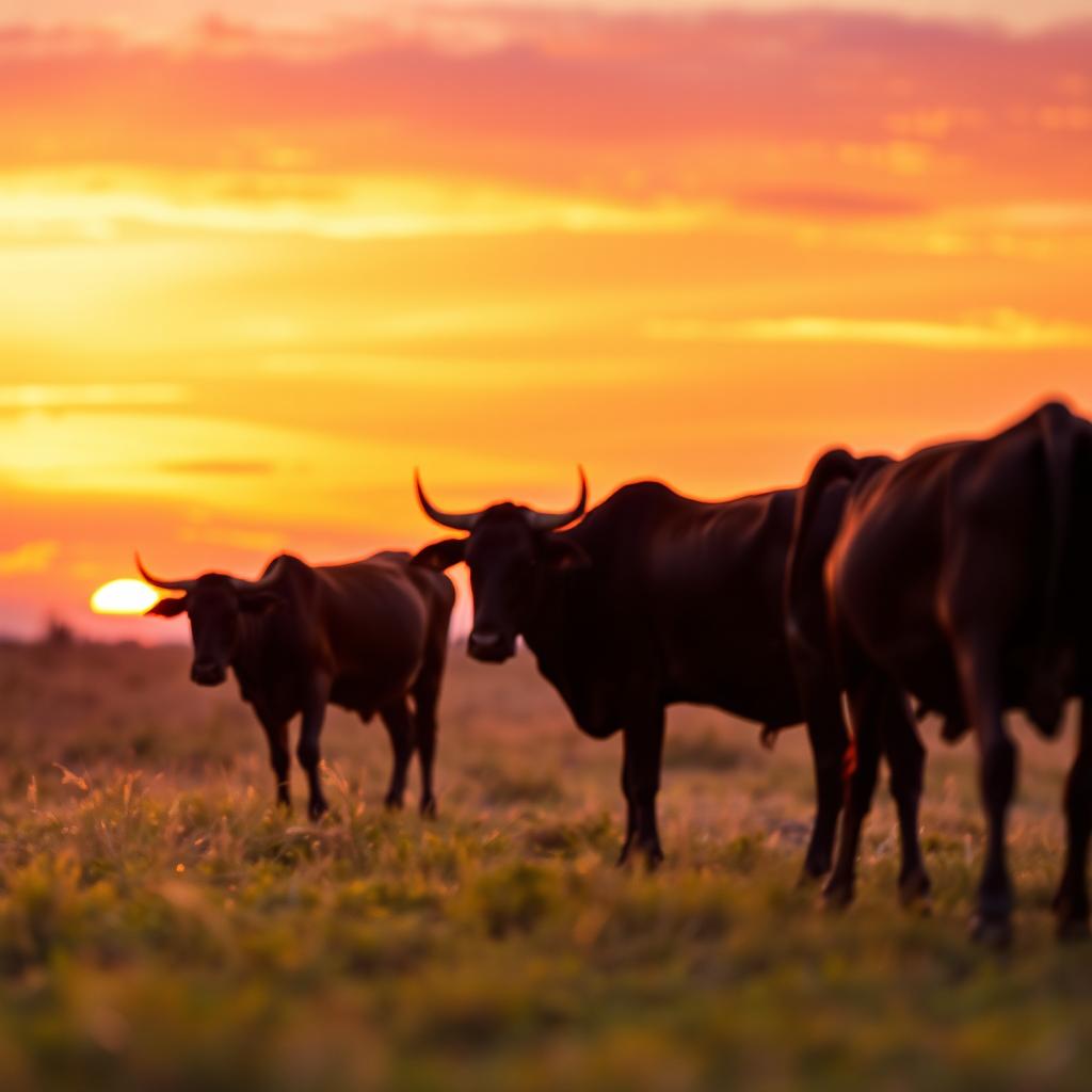 A beautiful scene depicting African kraal female cows grazing peacefully at a distance during a vibrant African sunset