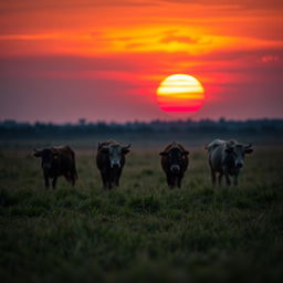 A beautiful scene depicting African kraal female cows grazing peacefully at a distance during a vibrant African sunset