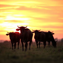 A beautiful scene depicting African kraal female cows grazing peacefully at a distance during a vibrant African sunset