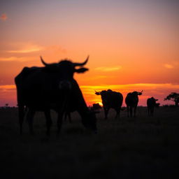 A beautiful scene depicting African kraal female cows grazing peacefully at a distance during a vibrant African sunset