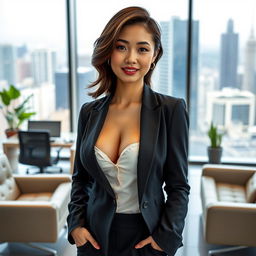 A sexy Asian woman with fair skin and large breasts, dressed in professional office attire