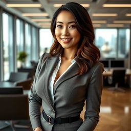 A sexy Asian woman with fair skin and large breasts, dressed in professional office attire