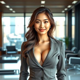 A sexy Asian woman with fair skin and large breasts, dressed in professional office attire