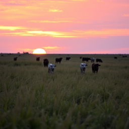 A serene African landscape featuring female cows grazing peacefully at a distance