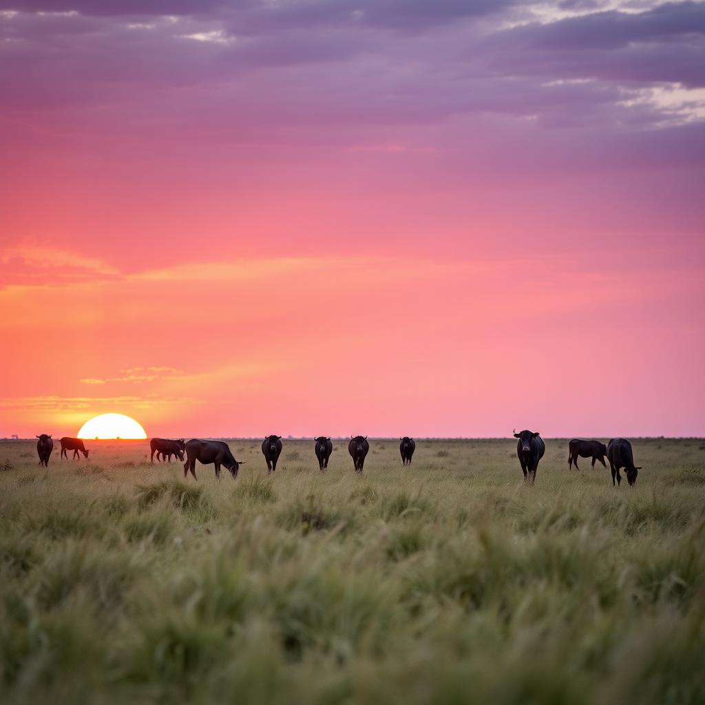 A serene African landscape featuring female cows grazing peacefully at a distance