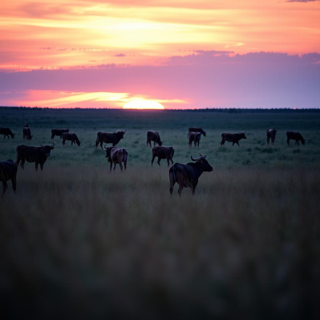 A serene African landscape featuring female cows grazing peacefully at a distance