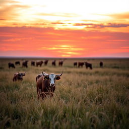 A serene African landscape featuring female cows grazing peacefully at a distance