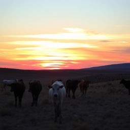 A scenic view of African kraal female cows grazing peacefully in the distance under a stunning African sunset