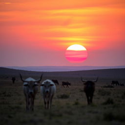 A scenic view of African kraal female cows grazing peacefully in the distance under a stunning African sunset