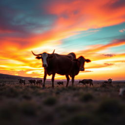 A scenic view of African kraal female cows grazing peacefully in the distance under a stunning African sunset