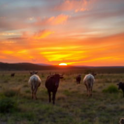 A scenic view of African kraal female cows grazing peacefully in the distance under a stunning African sunset