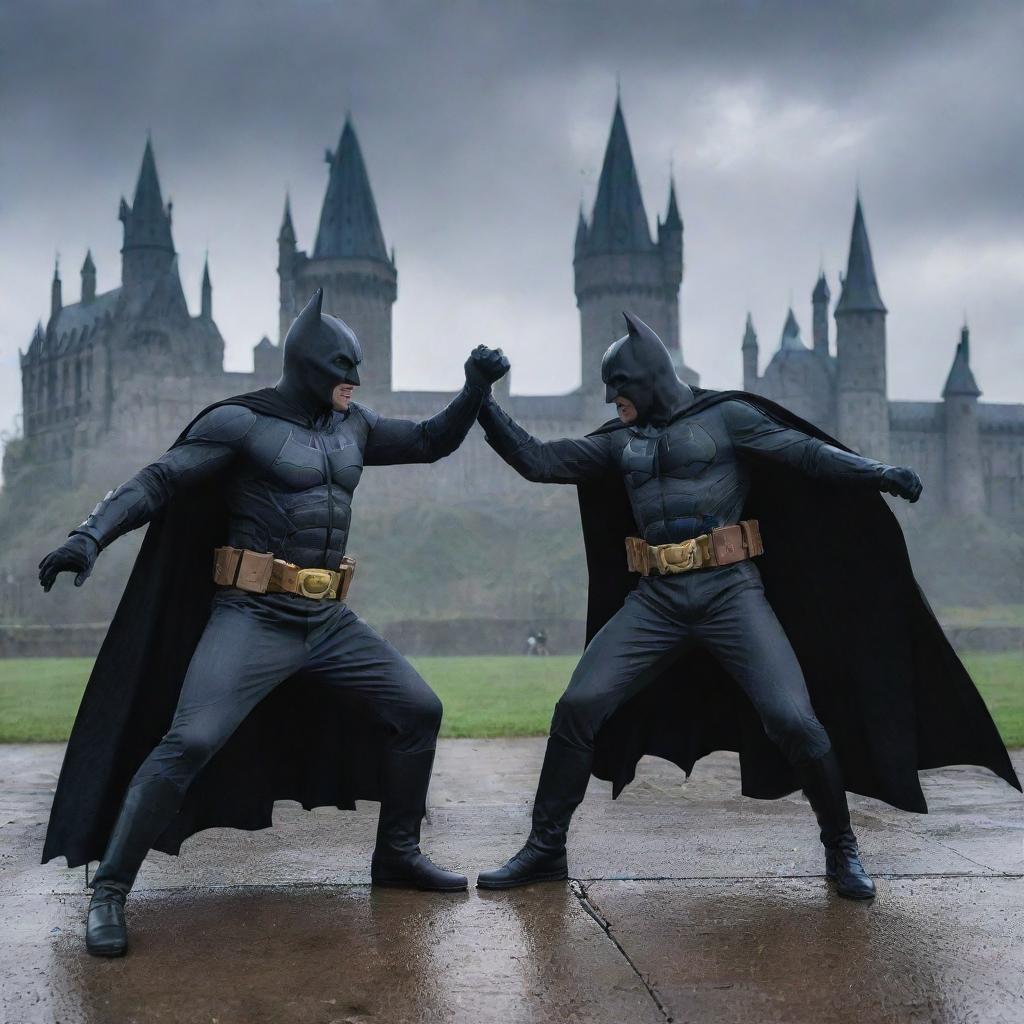 Batman and Rasputin, both in their characteristic costumes, engaging in a fierce hand-to-hand combat on the grounds of Hogwarts, with the castle looming majestically in the background under a gloomy sky.