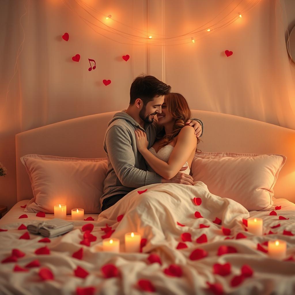 A romantic and intimate scene between a couple in a softly lit room, surrounded by candles and rose petals