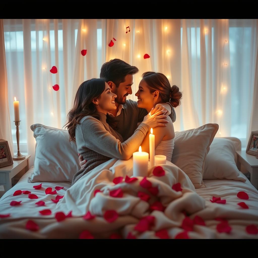 A romantic and intimate scene between a couple in a softly lit room, surrounded by candles and rose petals