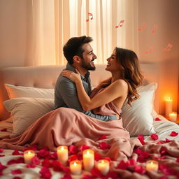 A romantic and intimate scene between a couple in a softly lit room, surrounded by candles and rose petals