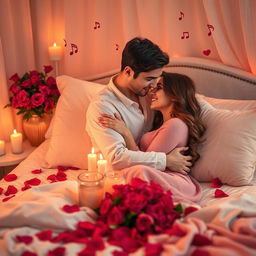 A romantic and intimate scene between a couple in a softly lit room, surrounded by candles and rose petals