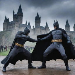 Batman and Rasputin, both in their characteristic costumes, engaging in a fierce hand-to-hand combat on the grounds of Hogwarts, with the castle looming majestically in the background under a gloomy sky.