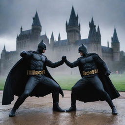 Batman and Rasputin, both in their characteristic costumes, engaging in a fierce hand-to-hand combat on the grounds of Hogwarts, with the castle looming majestically in the background under a gloomy sky.