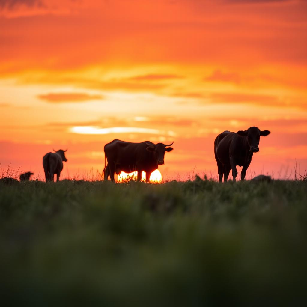 A scenic view of African kraal female cows grazing at a distance during a stunning African sunset