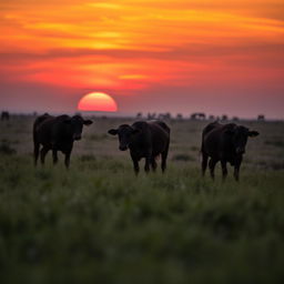 A scenic view of African kraal female cows grazing at a distance during a stunning African sunset