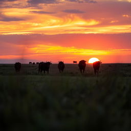 A scenic view of African kraal female cows grazing at a distance during a stunning African sunset