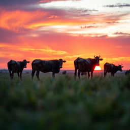 A scenic view of African kraal female cows grazing at a distance during a stunning African sunset