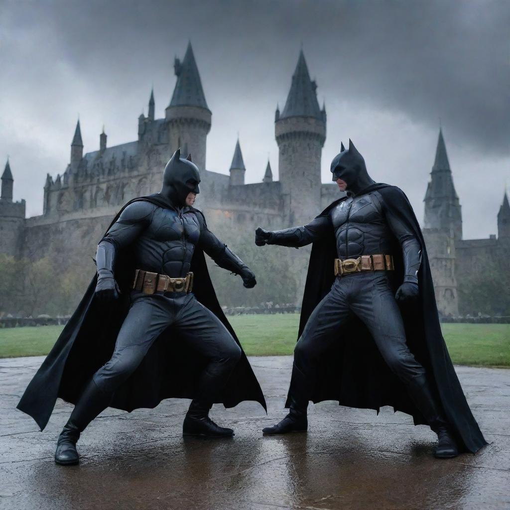 Batman and Rasputin, both in their characteristic costumes, engaging in a fierce hand-to-hand combat on the grounds of Hogwarts, with the castle looming majestically in the background under a gloomy sky.