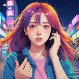 Anime-style girl using a cellphone, with vivid colors and complex emotions