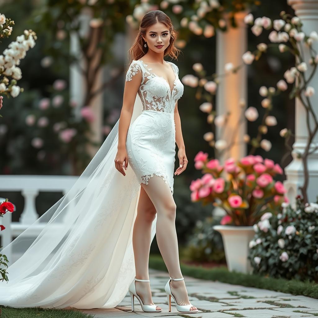 A beautiful woman elegantly wearing a stunning wedding dress adorned with delicate lace and embroidery, complemented by white pantyhose and stylish white high heels