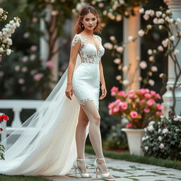 A beautiful woman elegantly wearing a stunning wedding dress adorned with delicate lace and embroidery, complemented by white pantyhose and stylish white high heels