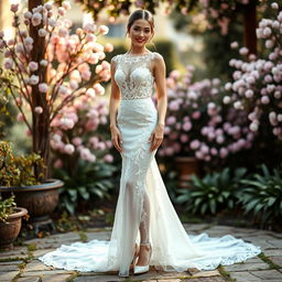 A beautiful woman elegantly wearing a stunning wedding dress adorned with delicate lace and embroidery, complemented by white pantyhose and stylish white high heels