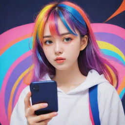 Anime-style girl using a cellphone, with vivid colors and complex emotions