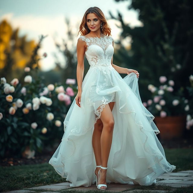 A beautiful woman exuding elegance in a breathtaking wedding dress that flows gracefully to the ground, featuring intricate lace and delicate embroidery