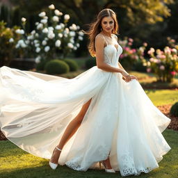 A beautiful woman exuding elegance in a breathtaking wedding dress that flows gracefully to the ground, featuring intricate lace and delicate embroidery