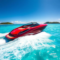 A stunning Ferrari-themed speedboat gliding across crystal-clear turquoise waters under a clear blue sky