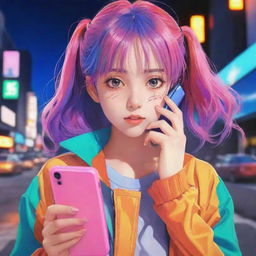 Anime-style girl using a cellphone, with vivid colors and complex emotions