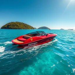 A stunning Ferrari-themed speedboat gliding across crystal-clear turquoise waters under a clear blue sky