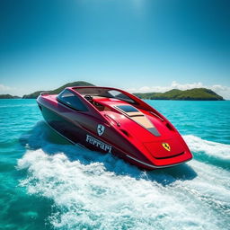 A stunning Ferrari-themed speedboat gliding across crystal-clear turquoise waters under a clear blue sky