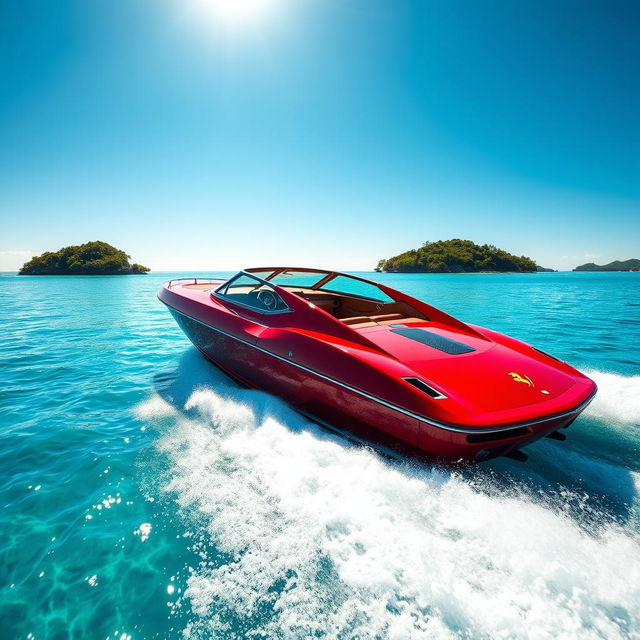 A stunning Ferrari-themed speedboat gliding across crystal-clear turquoise waters under a clear blue sky