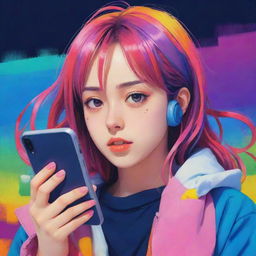 Anime-style girl using a cellphone, with vivid colors and complex emotions