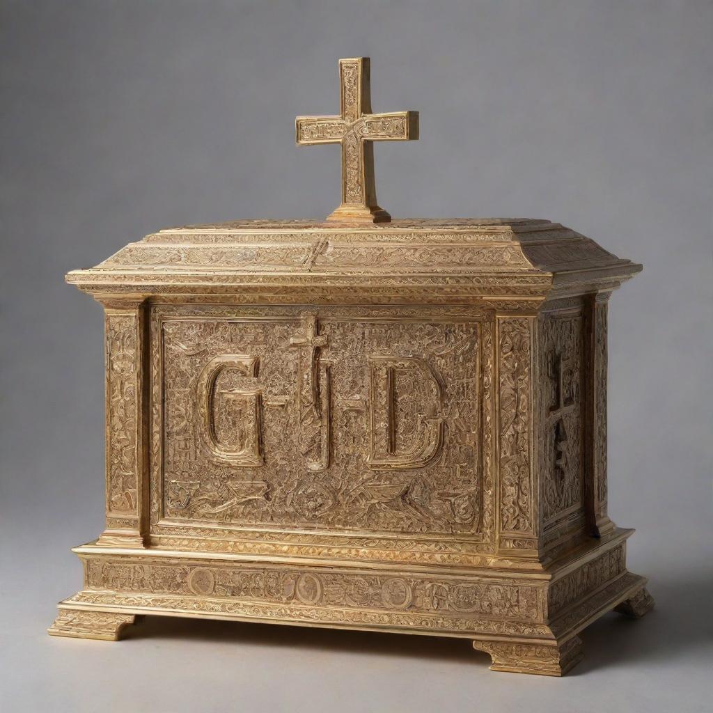 An illuminated Ark of the Covenant adorned with a petite cross on the top. The word 'GOD' in Hebrew is intricately engraved in a Polynesian style on its surface