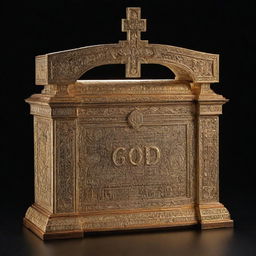 An illuminated Ark of the Covenant adorned with a petite cross on the top. The word 'GOD' in Hebrew is intricately engraved in a Polynesian style on its surface