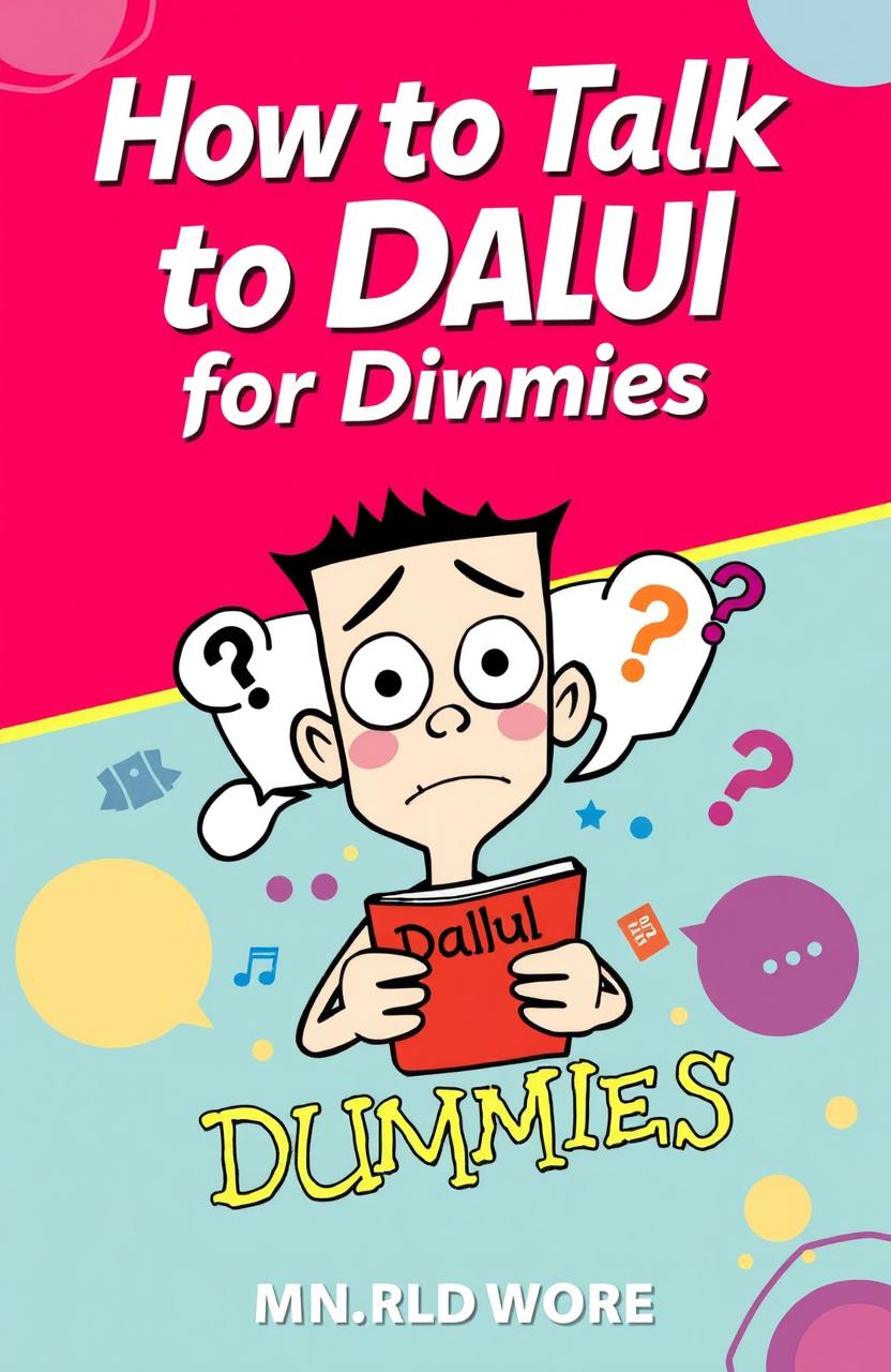 A humorous and informative book cover titled 'How to Talk to Dalul for Dummies', featuring a cartoonish illustration of a confused character with a speech bubble, surrounded by whimsical elements that represent communication, such as speech bubbles, question marks, and symbols