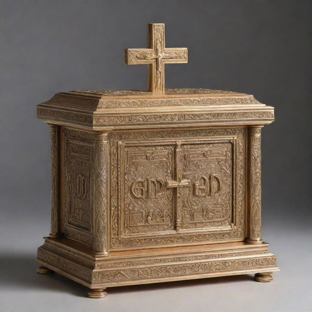 An illuminated Ark of the Covenant adorned with a petite cross on the top. The word 'GOD' in Hebrew is intricately engraved in a Polynesian style on its surface